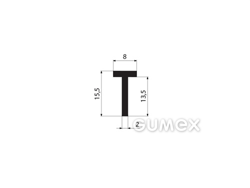 Pryžový profil tvaru "T", 15,5x8/2mm, 70°ShA, EPDM, -40°C/+100°C, černý